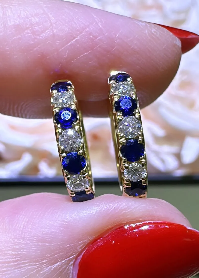 0.72carat Blue Sapphire and Diamond Huggie Hoop Earrings