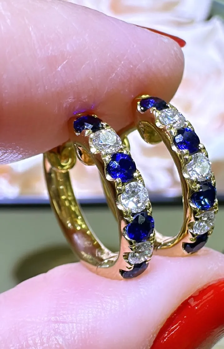 0.72carat Blue Sapphire and Diamond Huggie Hoop Earrings