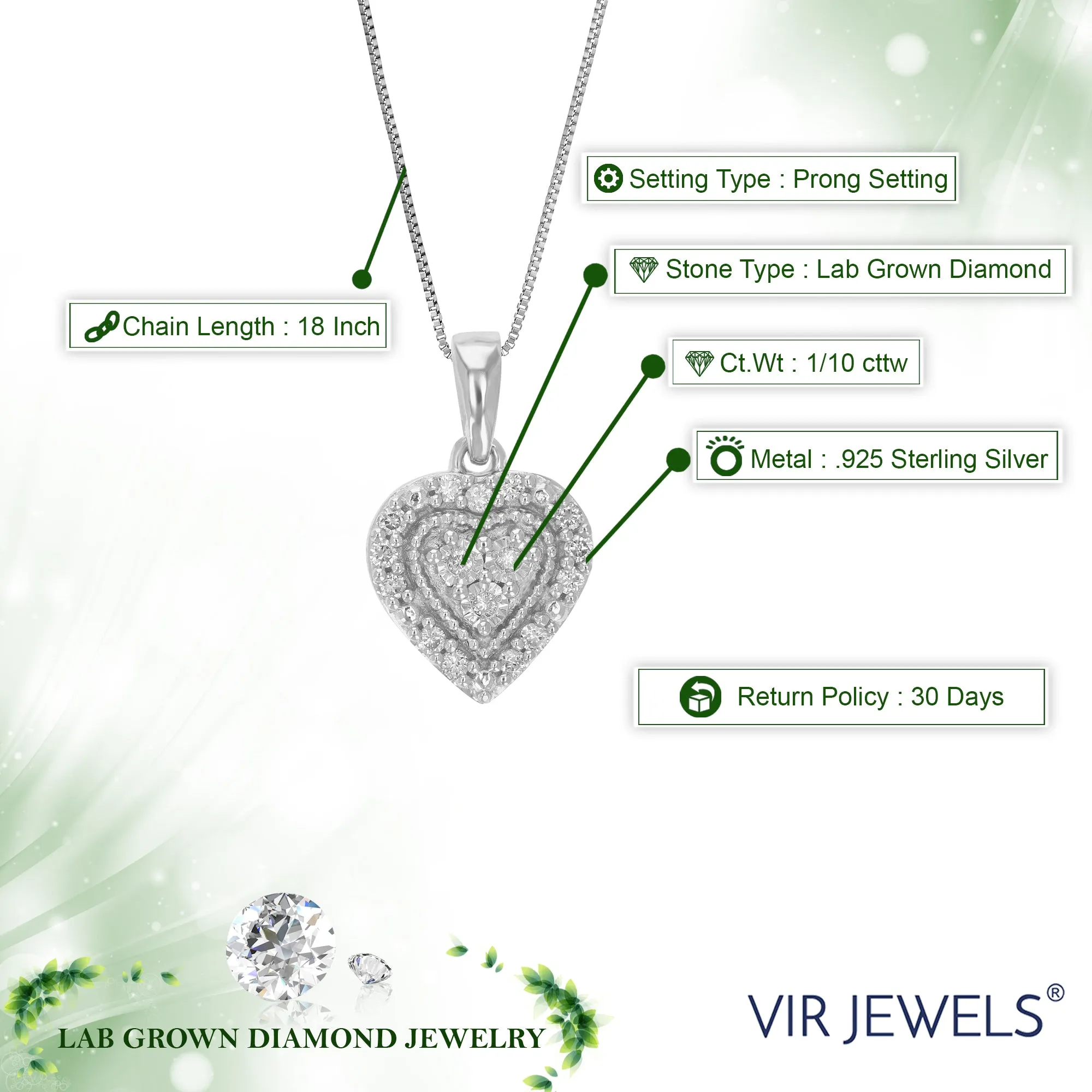 1/10 cttw Lab Grown Diamond Heart Cluster Pendant in Silver