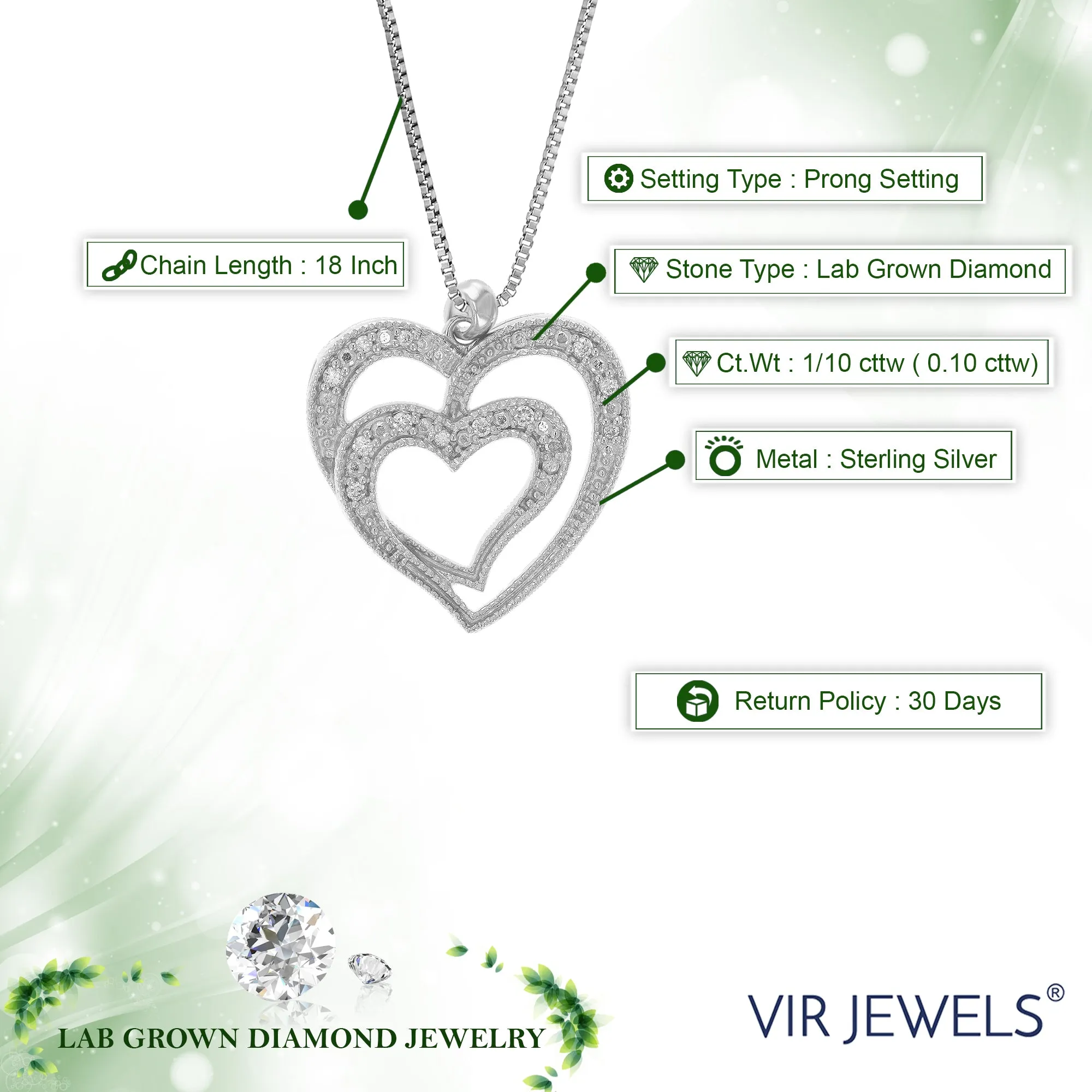 1/10 cttw Lab Grown Diamond Heart Shape Pendant in Sterling Silver