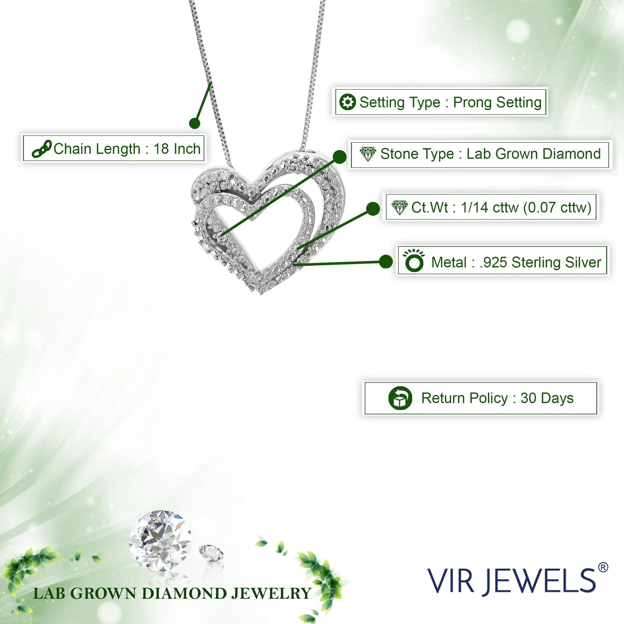 1/14 cttw Lab Grown Diamond Double Heart Pendant in Sterling Silver