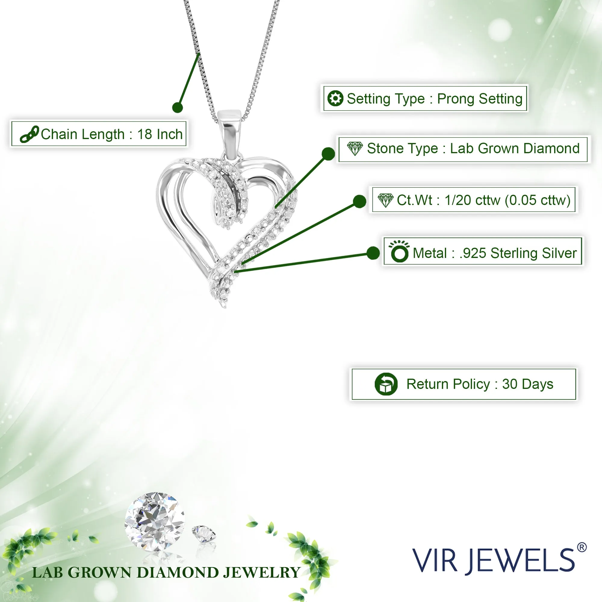1/20 cttw Lab Grown Diamond Heart Love Pendant in Sterling Silver