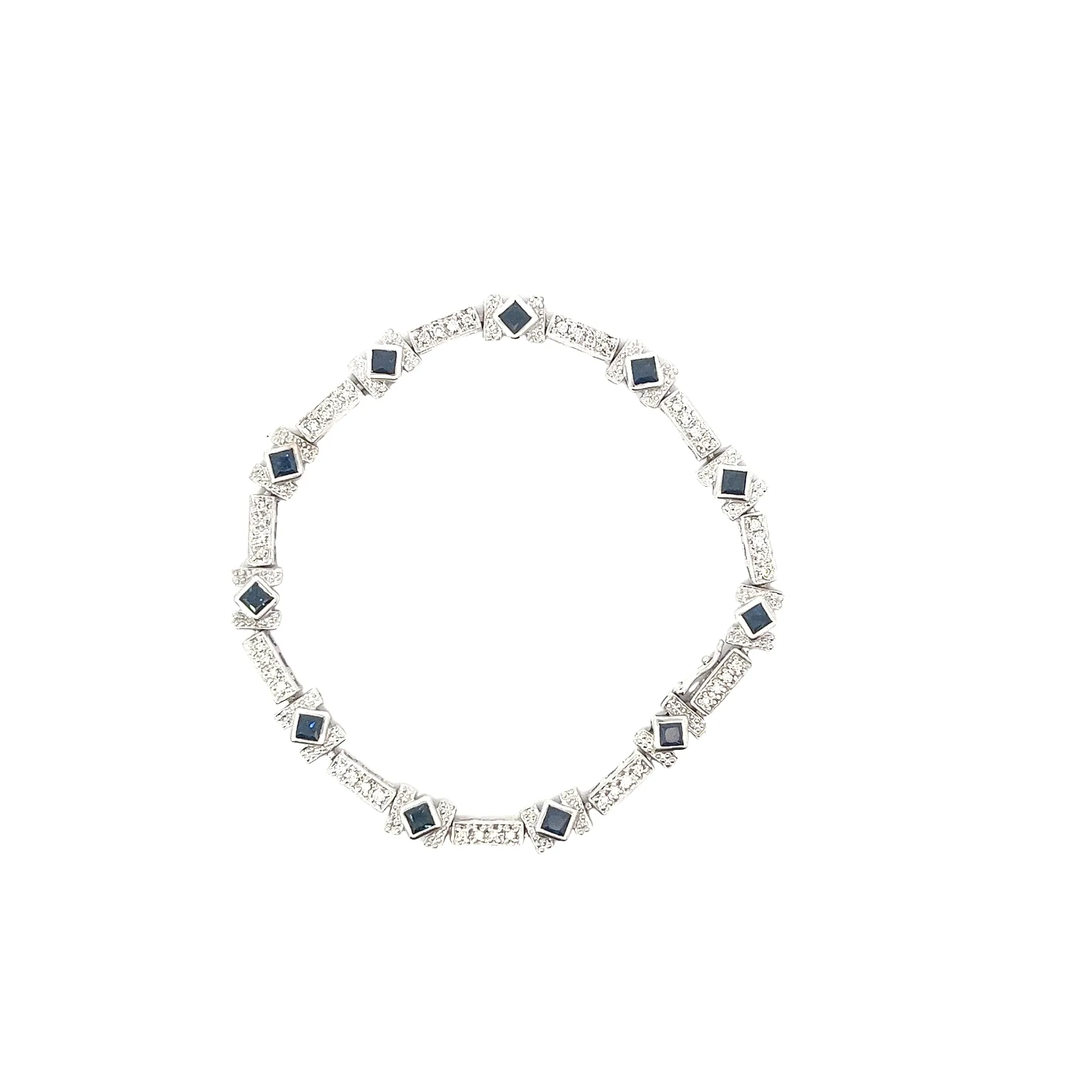 14k White Gold 1.50 Princess Cut Blue Sapphire AA and .50ct Round  Diamond Bracelet