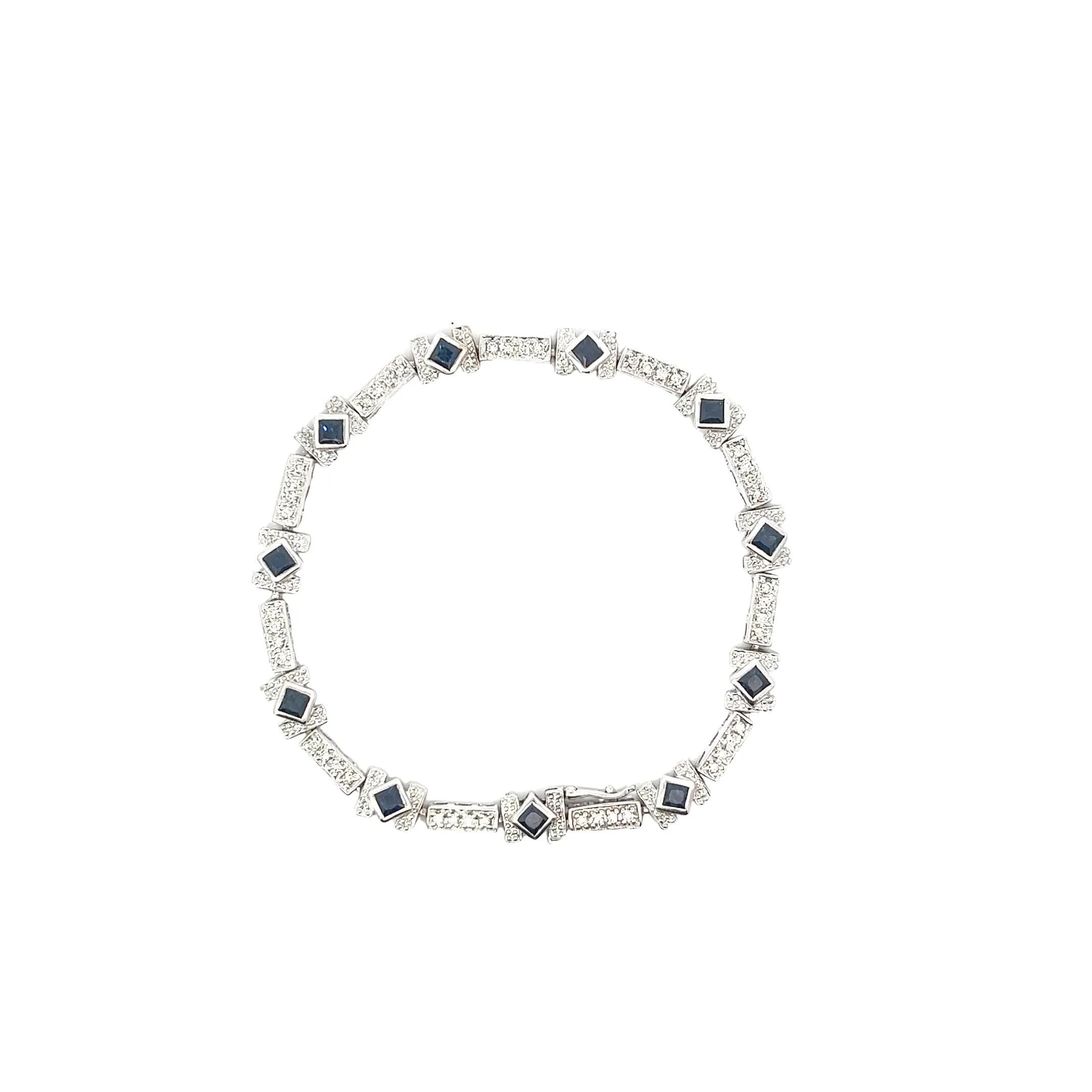 14k White Gold 1.50 Princess Cut Blue Sapphire AA and .50ct Round  Diamond Bracelet