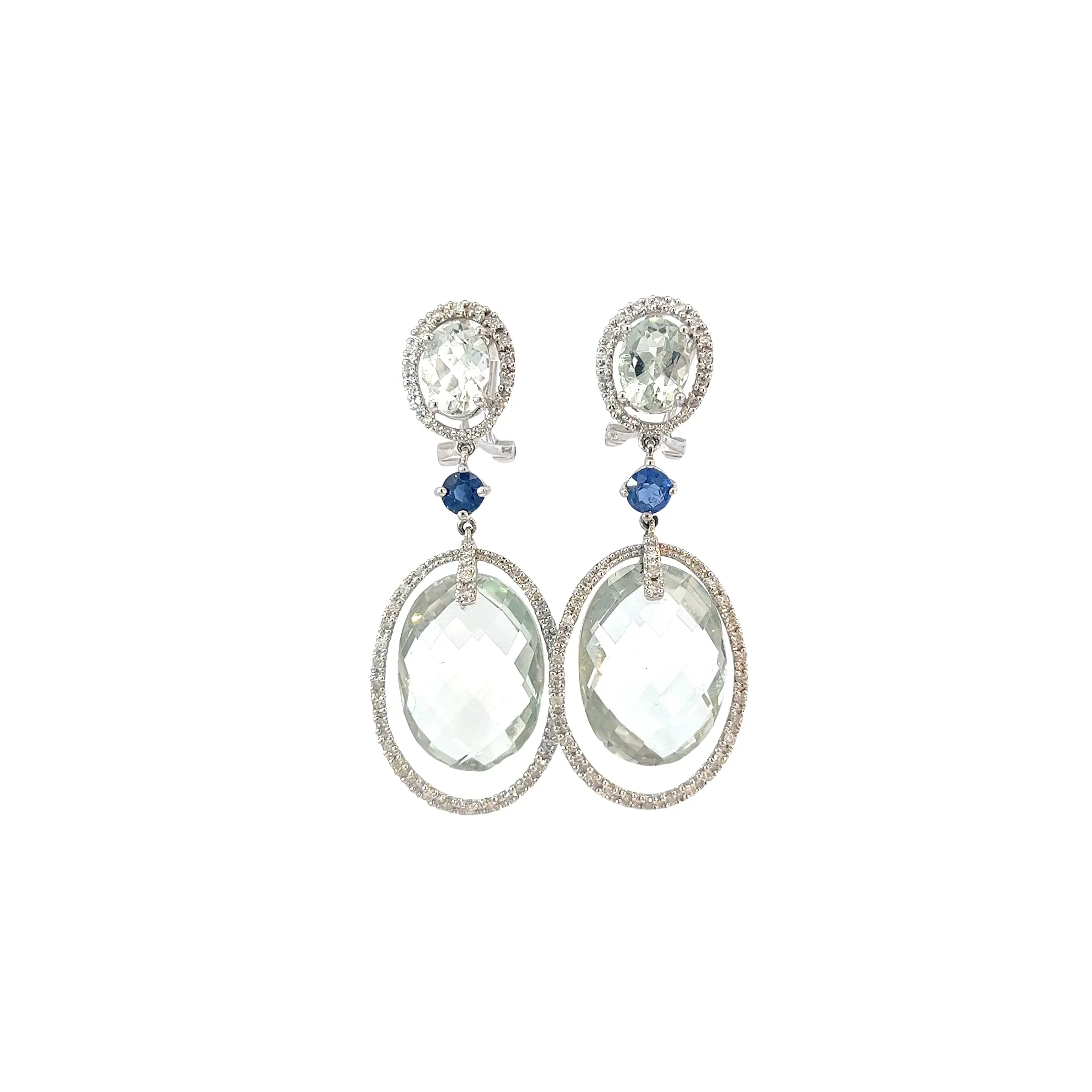 14K WHITE GOLD 20.00CT GREEN AMETHYST OVAL BRIOLETTE CUT / .75CT DIAMOND AND .30CT BLUE SAPPHIRE 1.75 " LONG