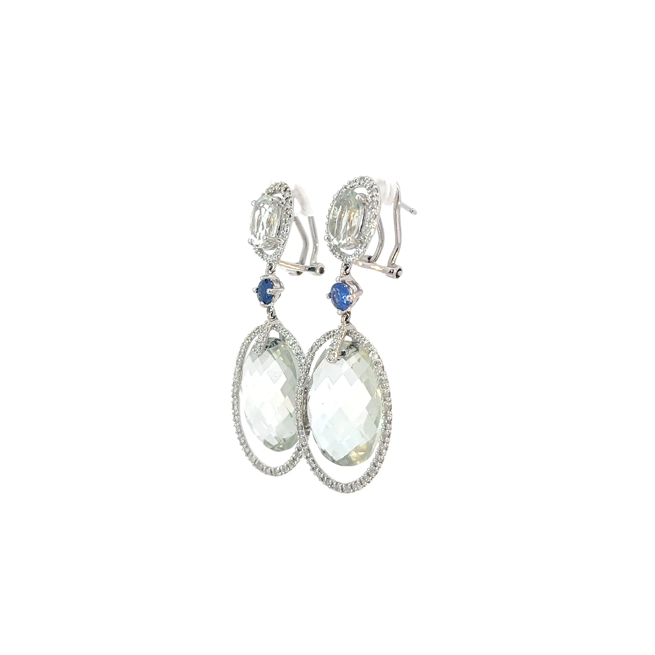 14K WHITE GOLD 20.00CT GREEN AMETHYST OVAL BRIOLETTE CUT / .75CT DIAMOND AND .30CT BLUE SAPPHIRE 1.75 " LONG