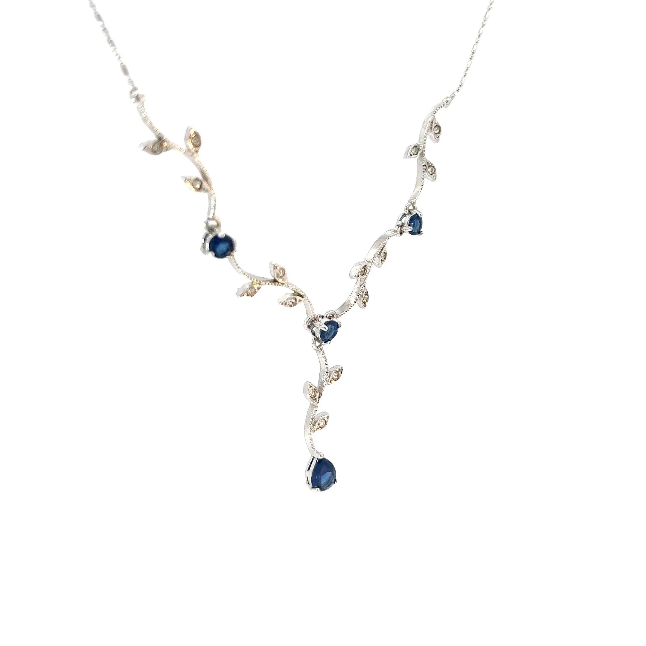 14k white gold .25ct G VS2 Round diamond and 1.50ct Round and Pear sapphire necklace