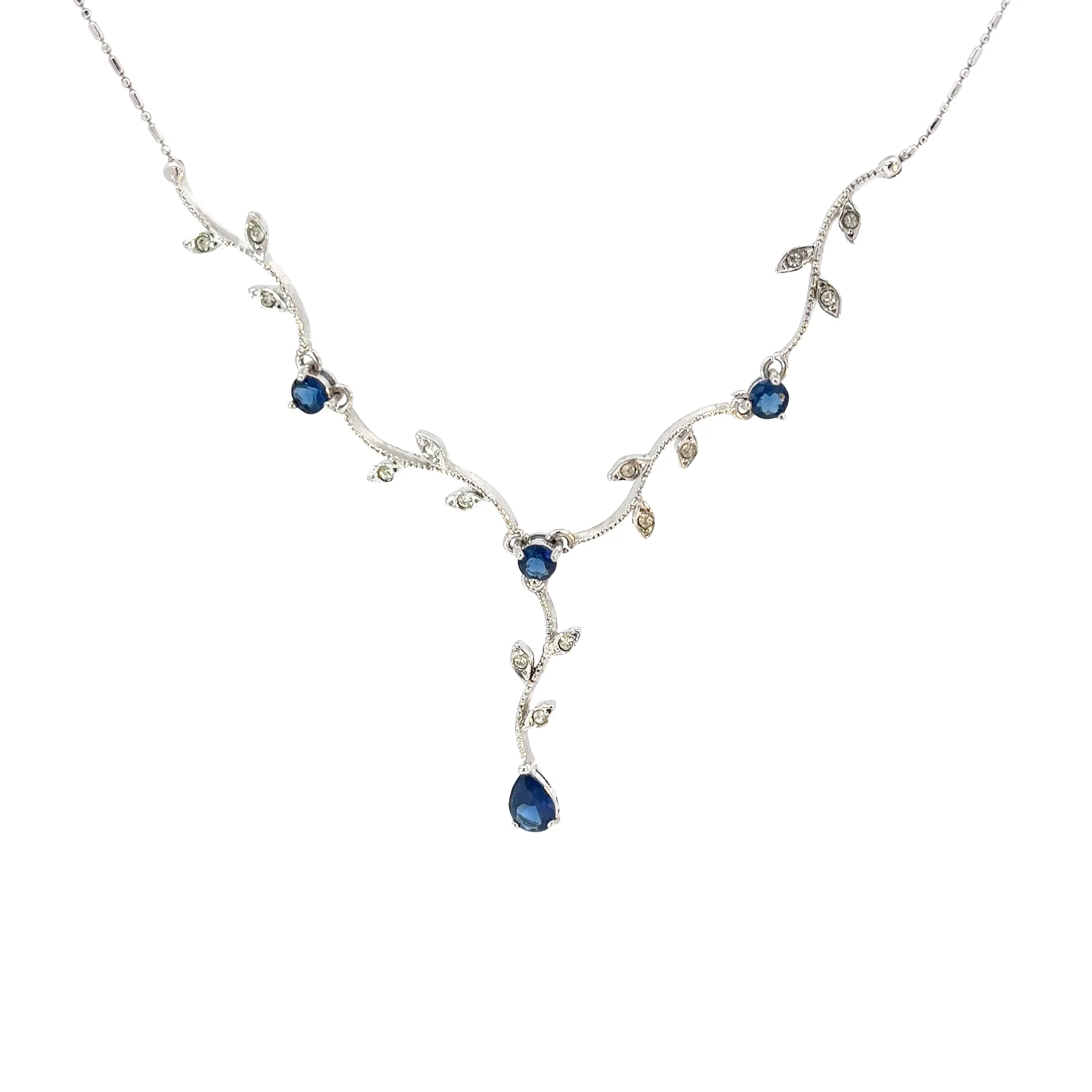 14k white gold .25ct G VS2 Round diamond and 1.50ct Round and Pear sapphire necklace