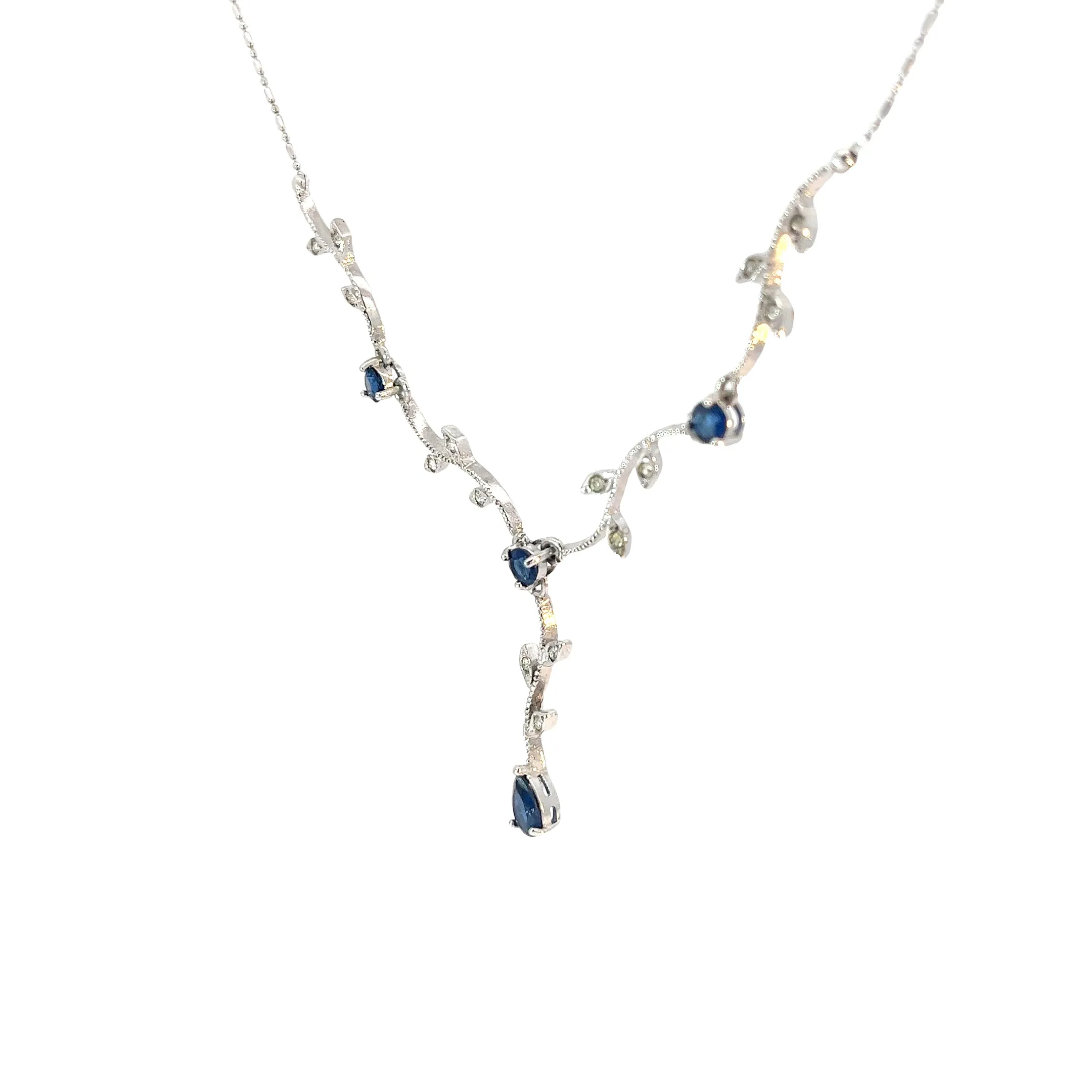 14k white gold .25ct G VS2 Round diamond and 1.50ct Round and Pear sapphire necklace