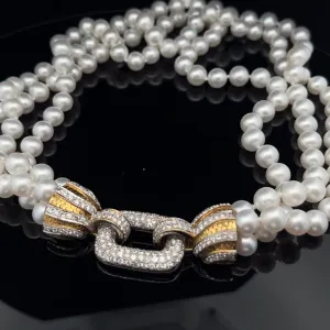 14k Yellow Gold  1.63ct G VS2 Round Diamond and Fresh Water White 3 Strand Pearl Necklace