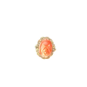 14K YELLOW GOLD VINTAGE CARVED CORAL AND DIAMOND RING