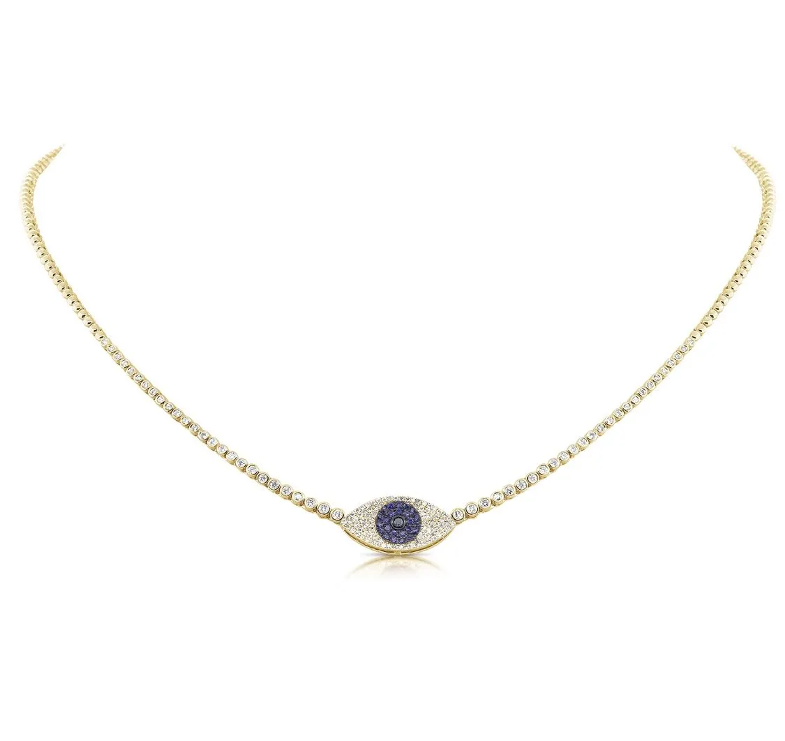 14KT Gold Diamond Frances Evil Eye Tennis Necklace