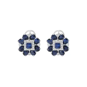 14KT White Gold Blue Sapphire And Diamond Flower Earrings
