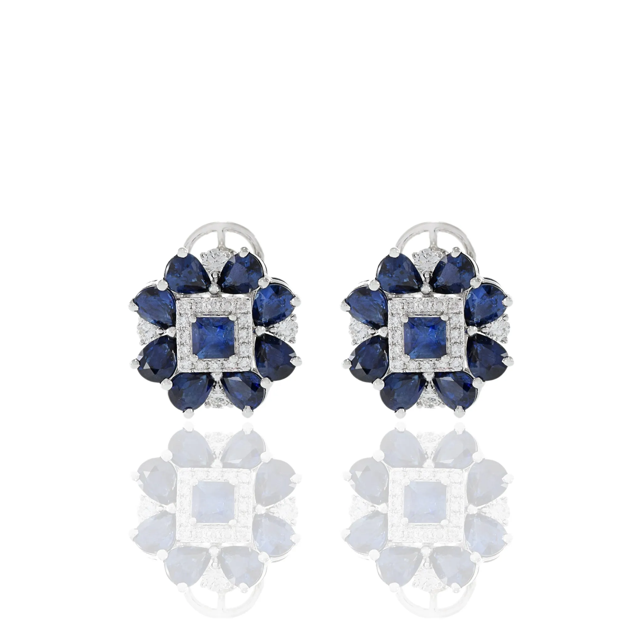 14KT White Gold Blue Sapphire And Diamond Flower Earrings