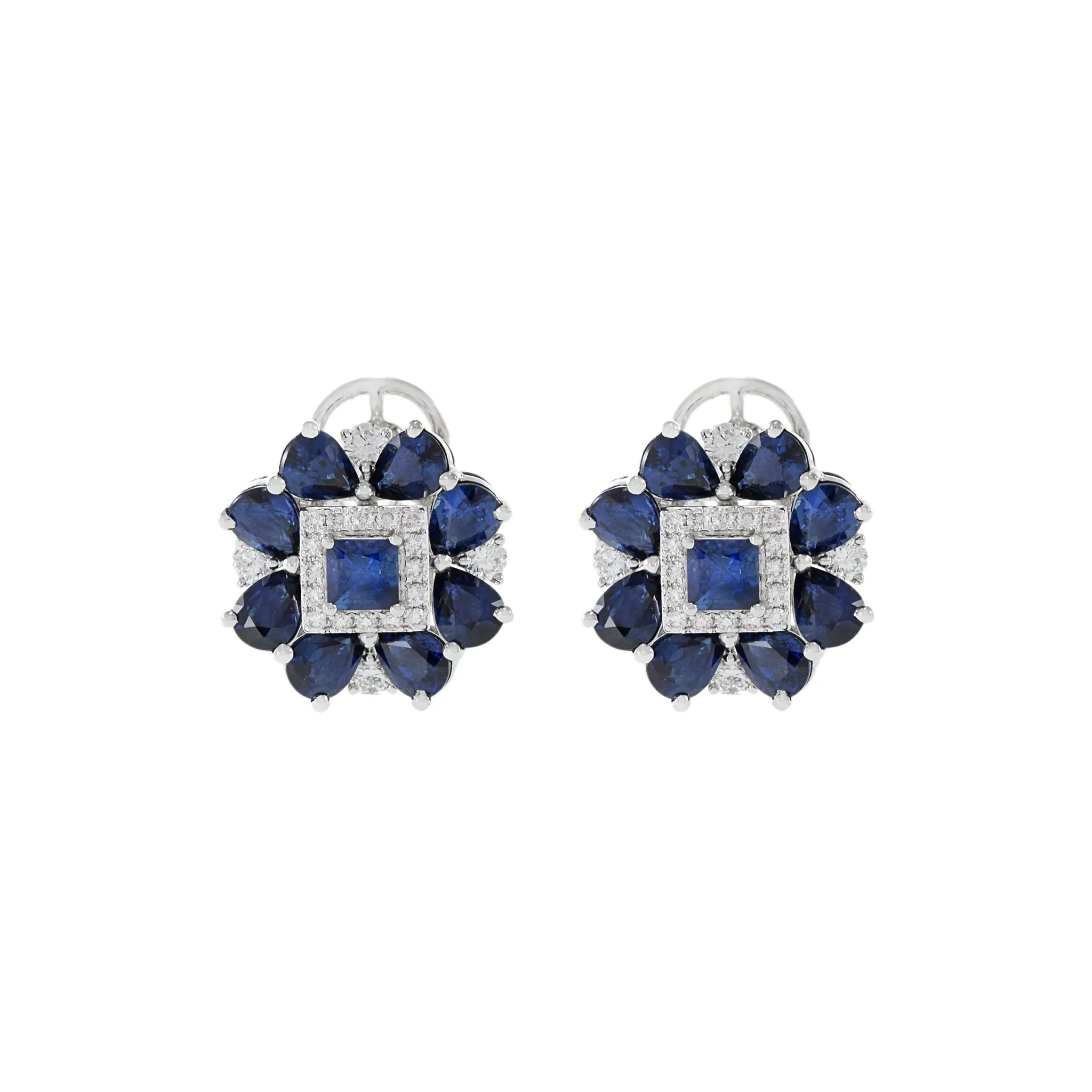 14KT White Gold Blue Sapphire And Diamond Flower Earrings