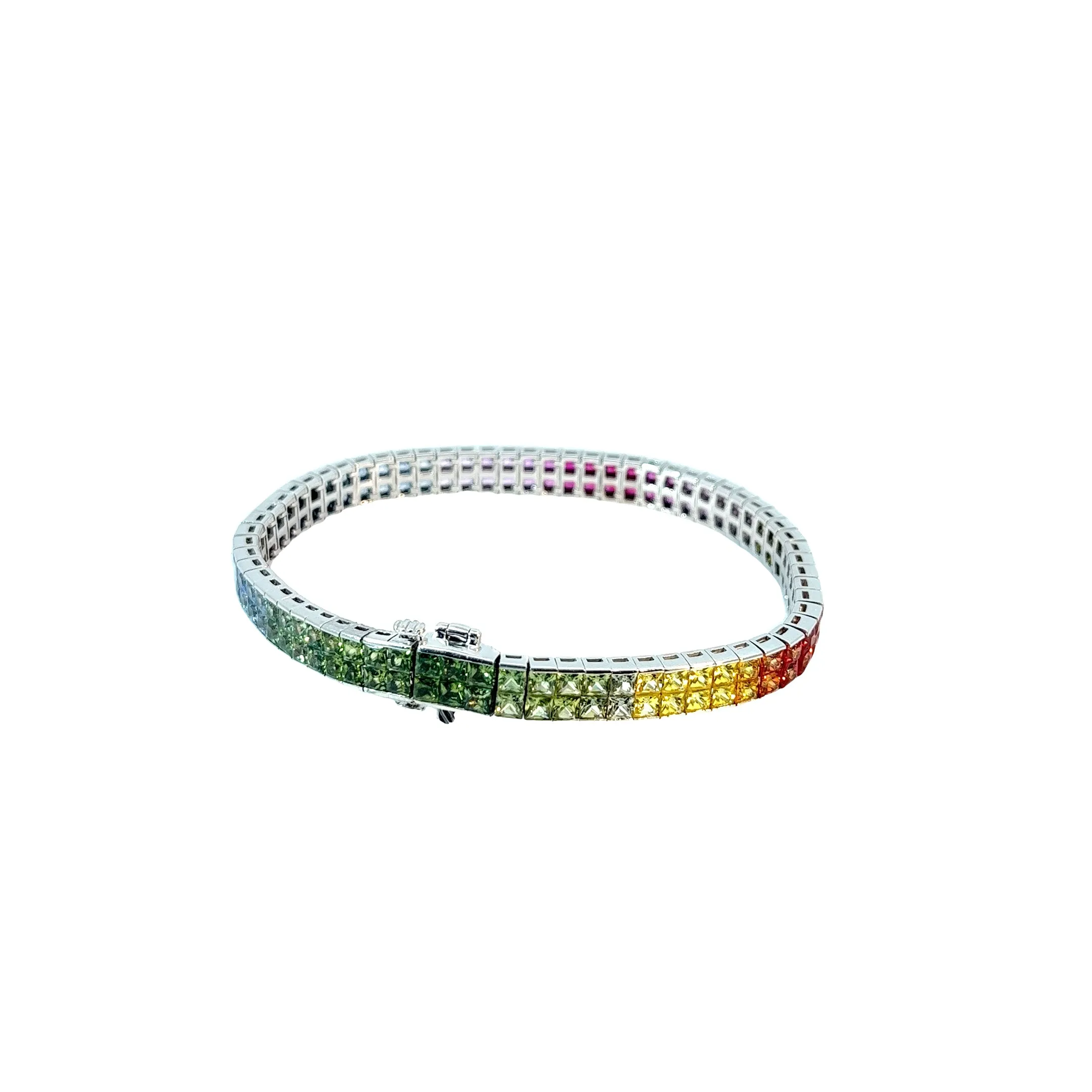 18k white Gold 15.00ct  Multicolored AAA Green, Blue, Yellow and Pink Sapphire Bracelet
