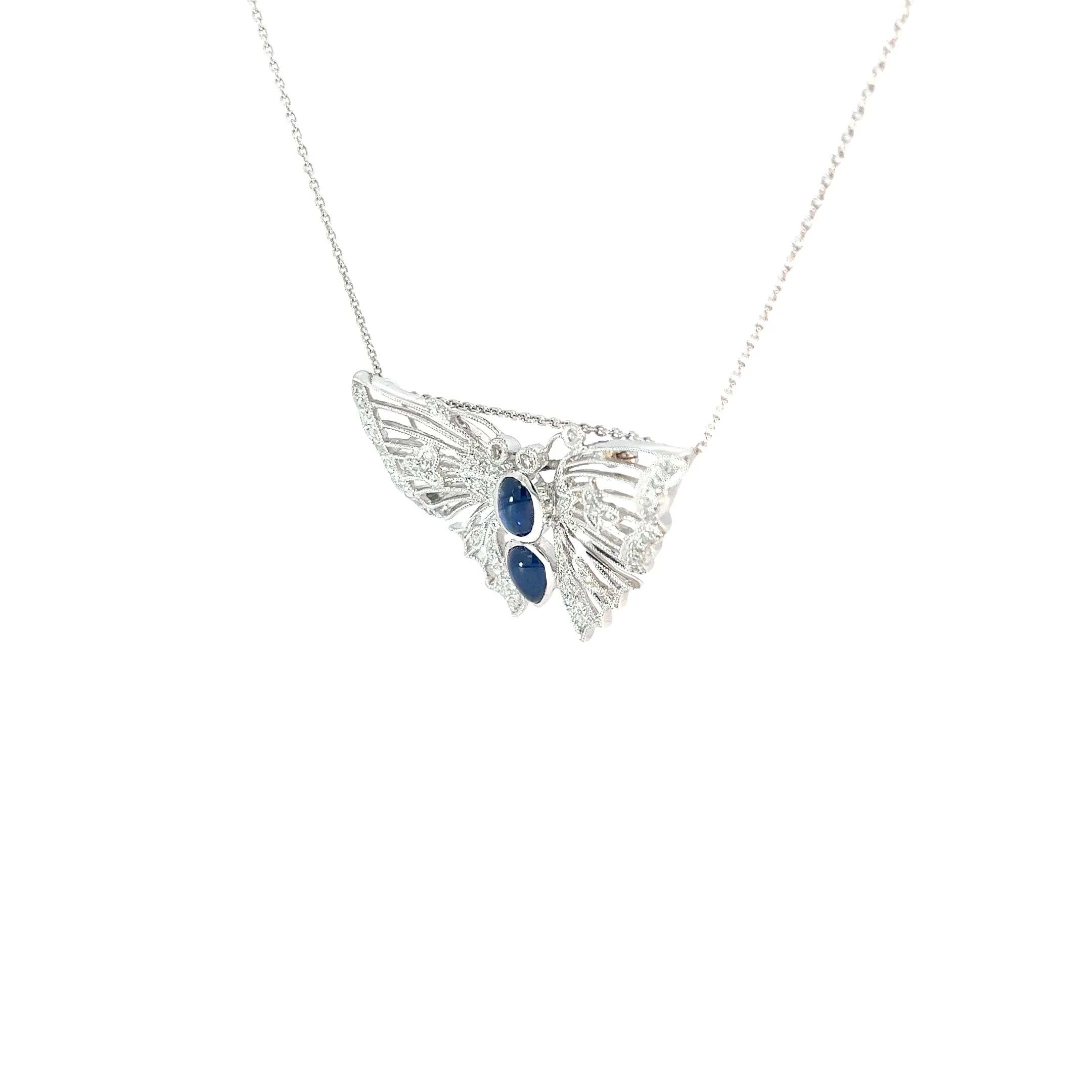 18k White Gold 1.50ct Cabochon Sapphire and .65ct G SI1 Round Diamond  Butterfly Brooch and Necklace