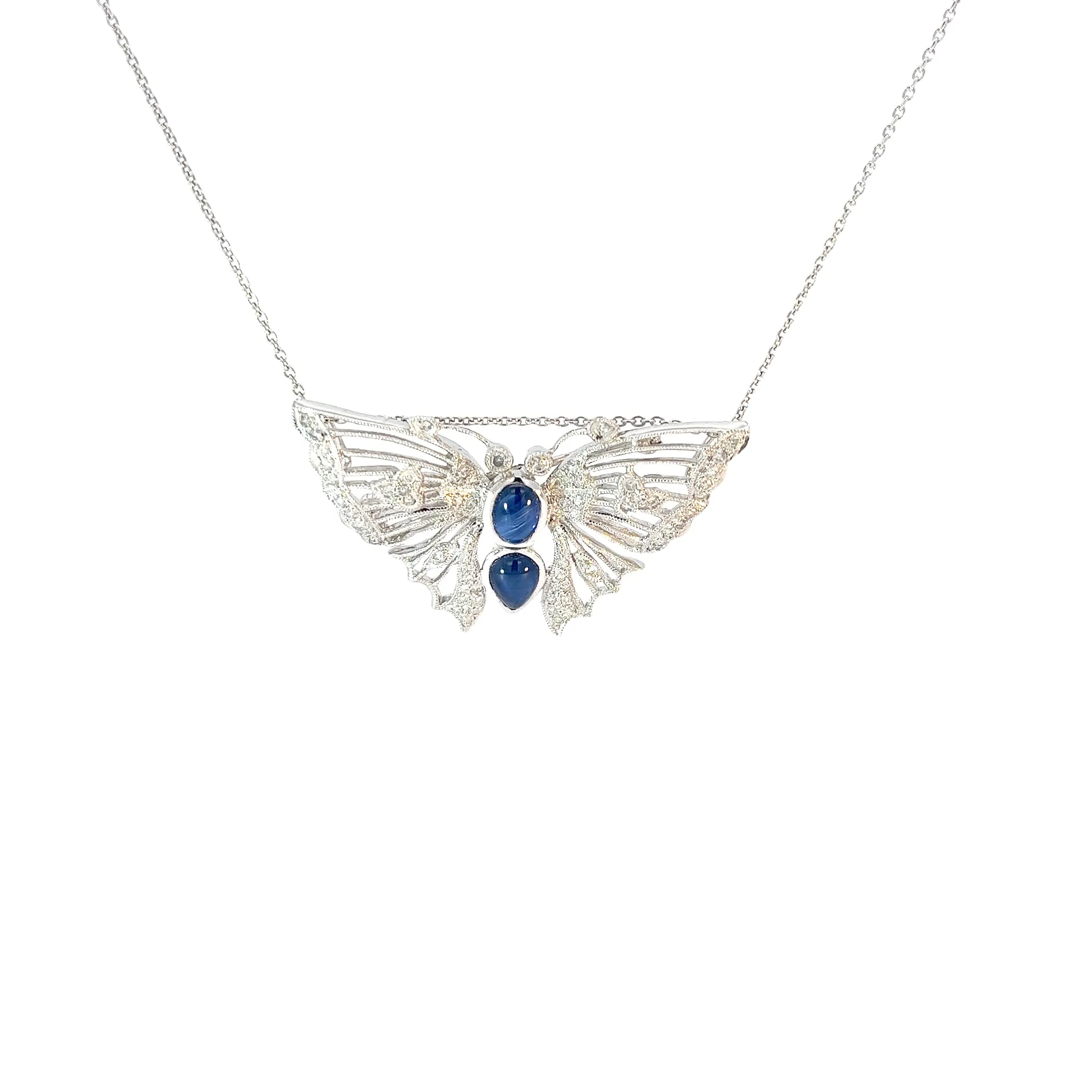 18k White Gold 1.50ct Cabochon Sapphire and .65ct G SI1 Round Diamond  Butterfly Brooch and Necklace