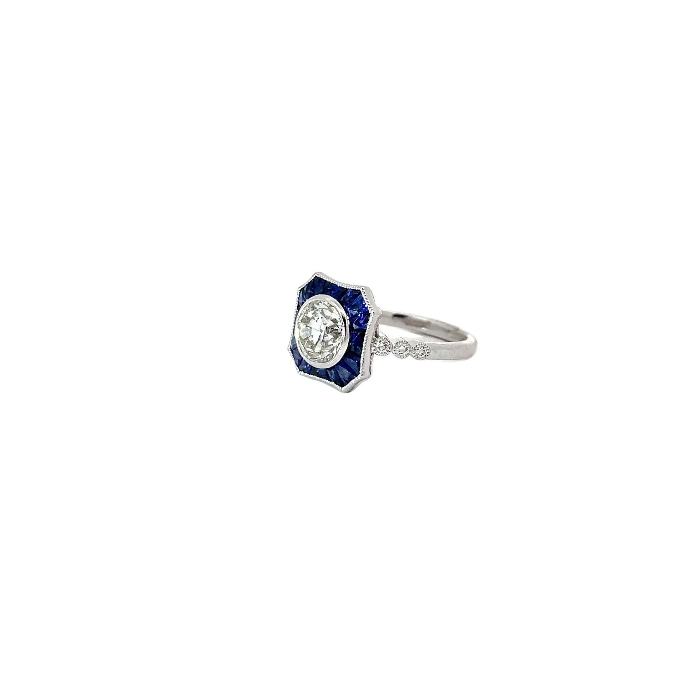 18K WHITE GOLD 1.65CT G SI1 OLD MINE CUT ROUND DIAMOND AND 1.15CT BLUE SAPPHIRE ENGAGEMENT RING