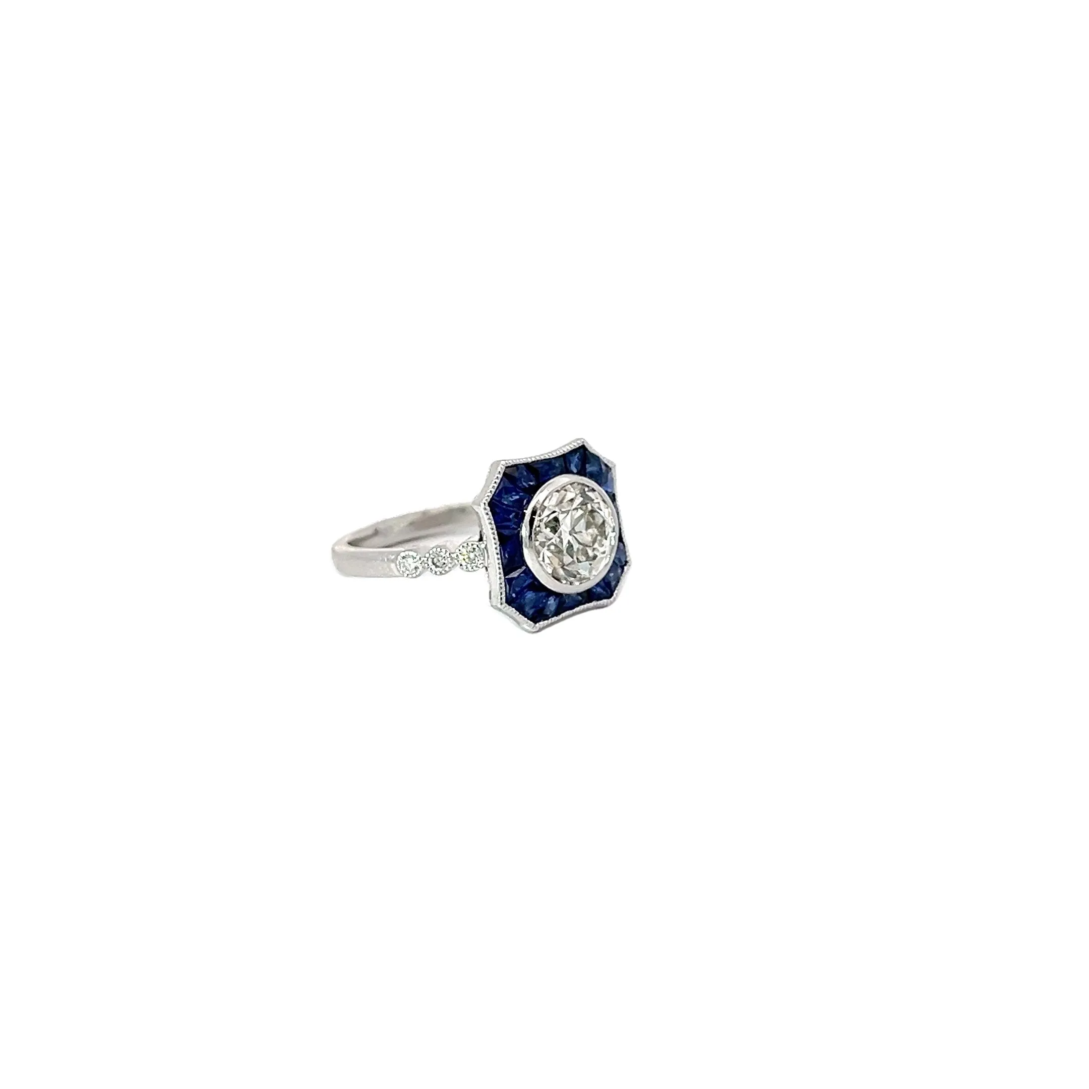 18K WHITE GOLD 1.65CT G SI1 OLD MINE CUT ROUND DIAMOND AND 1.15CT BLUE SAPPHIRE ENGAGEMENT RING