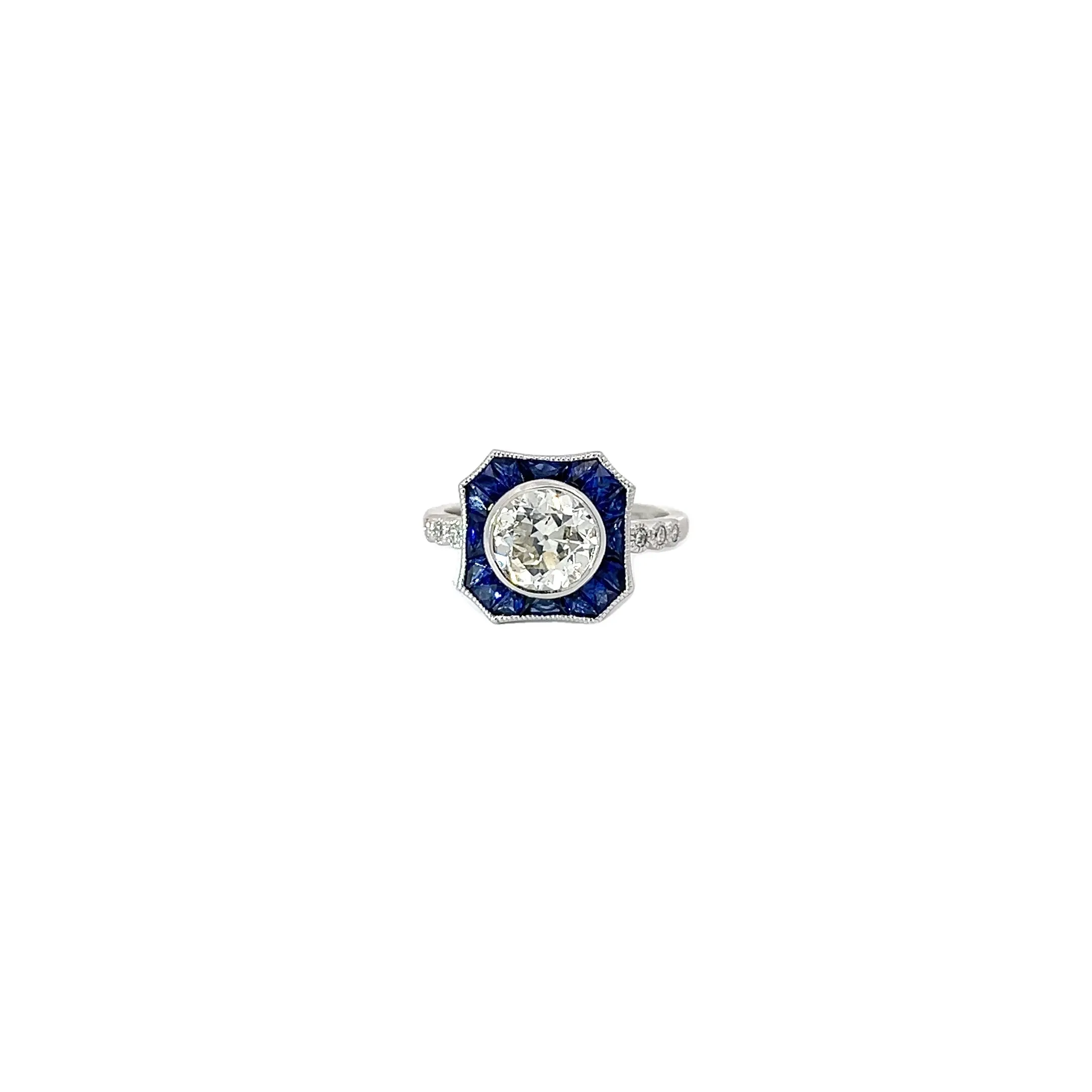 18K WHITE GOLD 1.65CT G SI1 OLD MINE CUT ROUND DIAMOND AND 1.15CT BLUE SAPPHIRE ENGAGEMENT RING