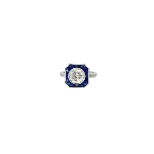 18K WHITE GOLD 1.65CT G SI1 OLD MINE CUT ROUND DIAMOND AND 1.15CT BLUE SAPPHIRE ENGAGEMENT RING