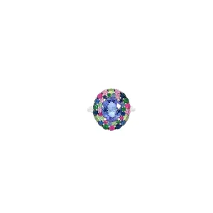 18k white gold 2.22ct Oval Tanzanite Center and 1.50ct surround on the halo multicolored Round  Sapphire ring