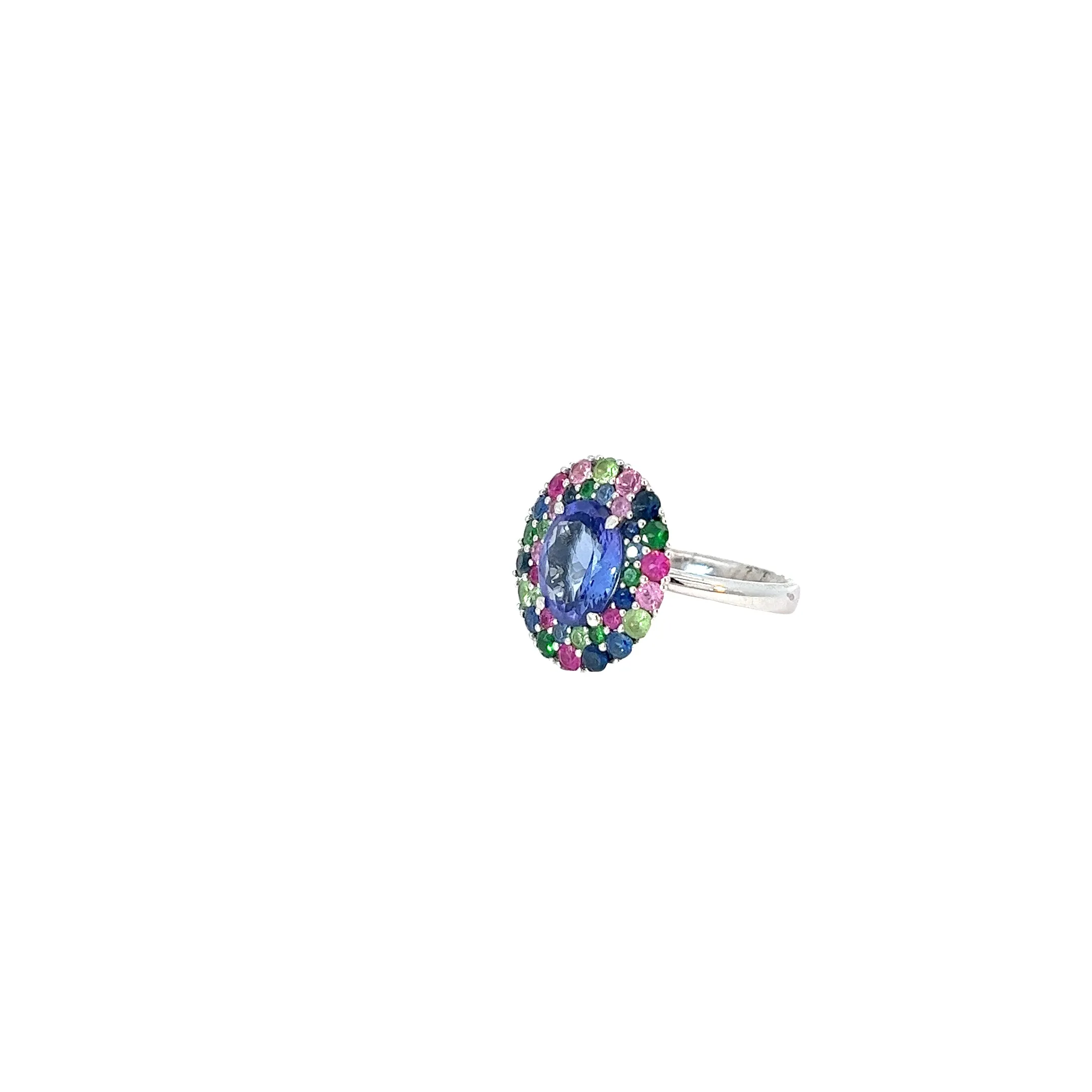 18k white gold 2.22ct Oval Tanzanite Center and 1.50ct surround on the halo multicolored Round  Sapphire ring