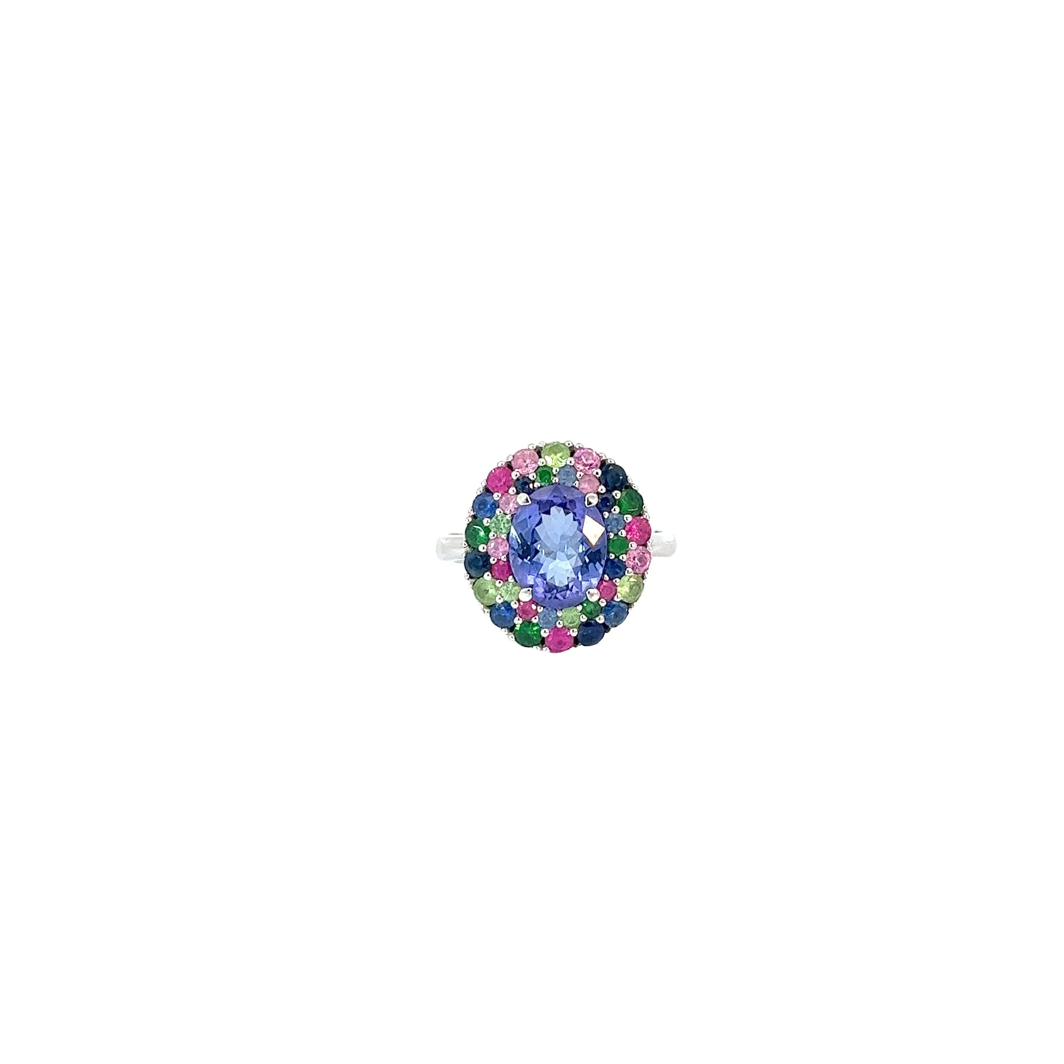 18k white gold 2.22ct Oval Tanzanite Center and 1.50ct surround on the halo multicolored Round  Sapphire ring