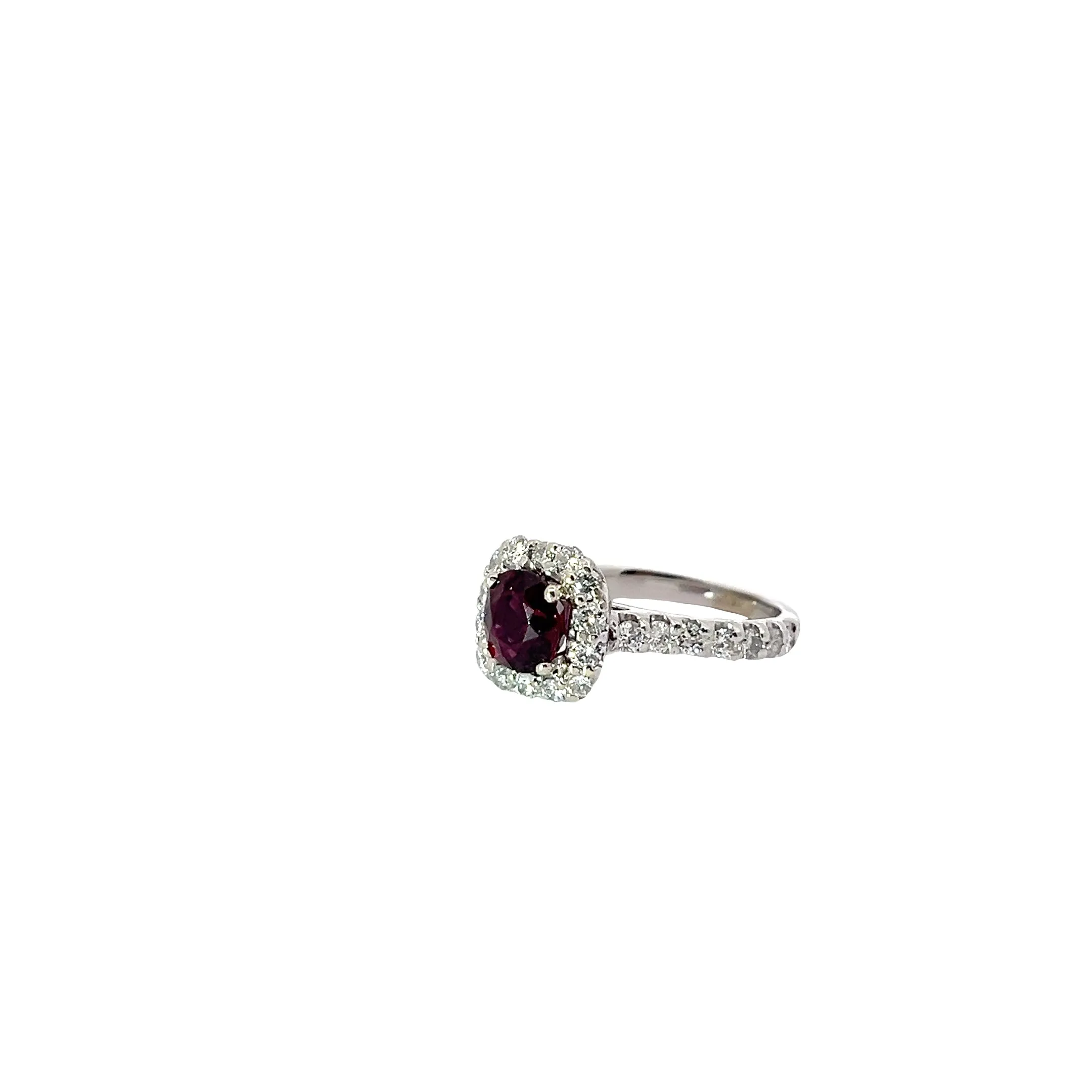 18K YELLOW GOLD 1.76CT CUSHION RHODOLITE GARNET AND .75CT G VS2 ROUND DIAMOND RING CERTIFIED BY GIA#2235020105