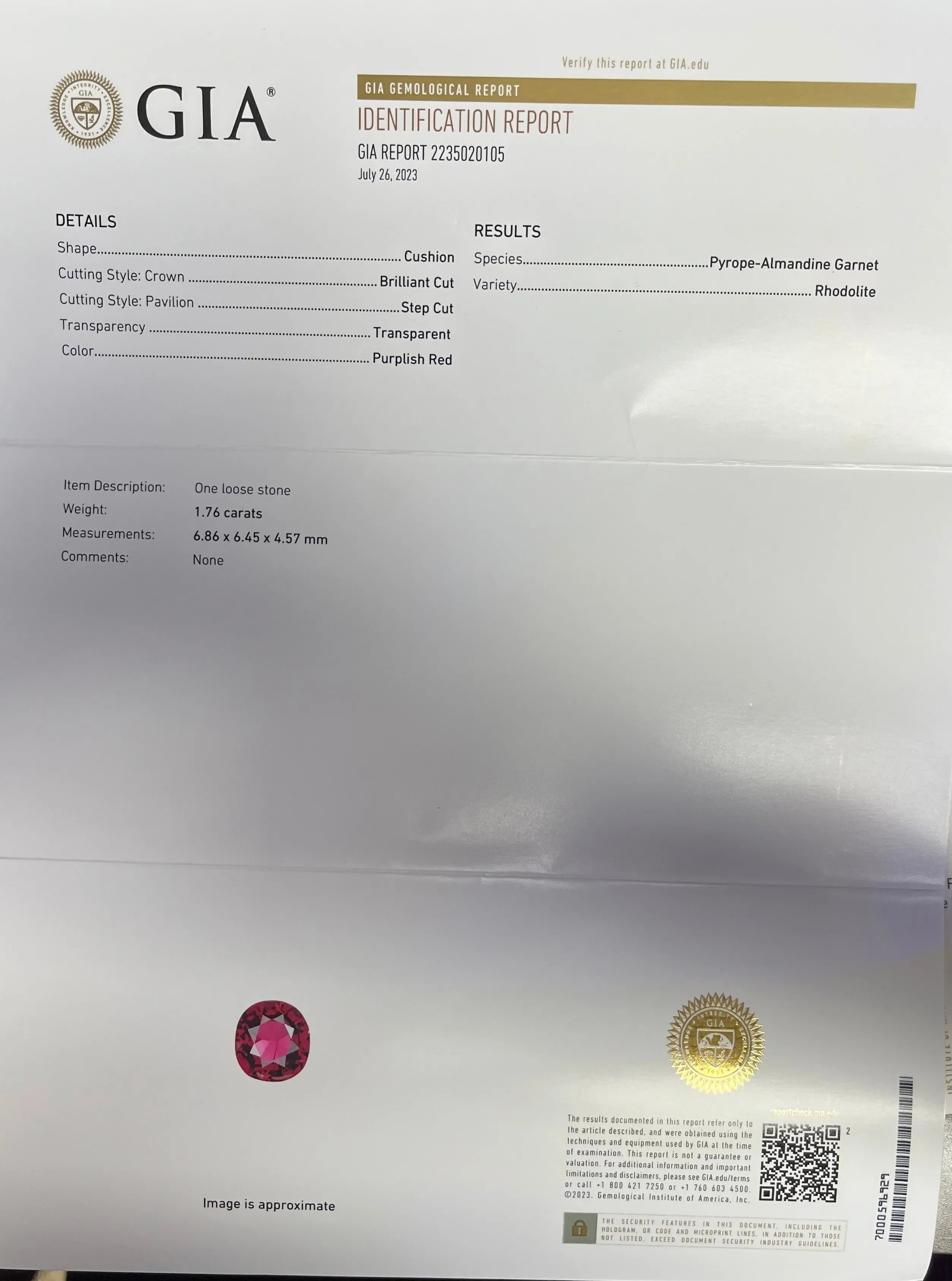18K YELLOW GOLD 1.76CT CUSHION RHODOLITE GARNET AND .75CT G VS2 ROUND DIAMOND RING CERTIFIED BY GIA#2235020105