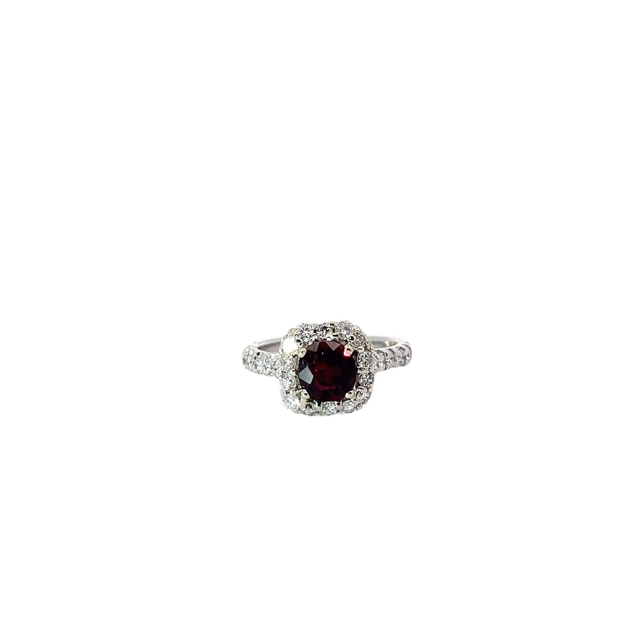 18K YELLOW GOLD 1.76CT CUSHION RHODOLITE GARNET AND .75CT G VS2 ROUND DIAMOND RING CERTIFIED BY GIA#2235020105