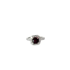 18K YELLOW GOLD 1.76CT CUSHION RHODOLITE GARNET AND .75CT G VS2 ROUND DIAMOND RING CERTIFIED BY GIA#2235020105
