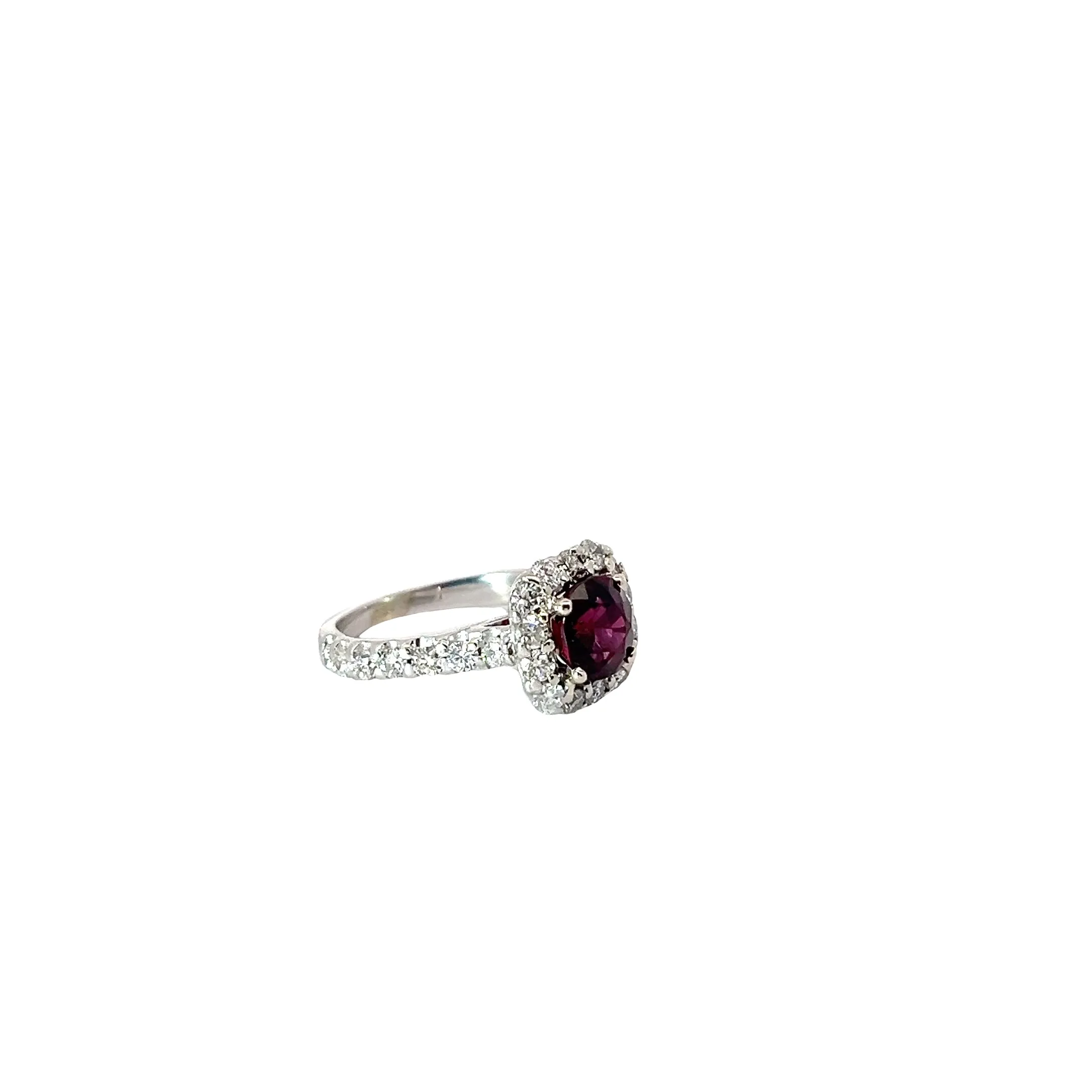 18K YELLOW GOLD 1.76CT CUSHION RHODOLITE GARNET AND .75CT G VS2 ROUND DIAMOND RING CERTIFIED BY GIA#2235020105