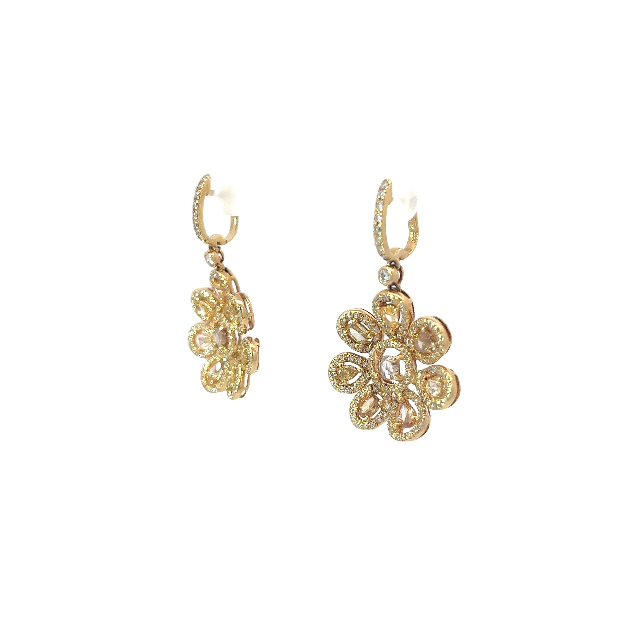18K Yellow Gold 3.23ct Fancy Light Yellow Pear Shape Diamond and 1.00ct G SI1 Round  Earrings