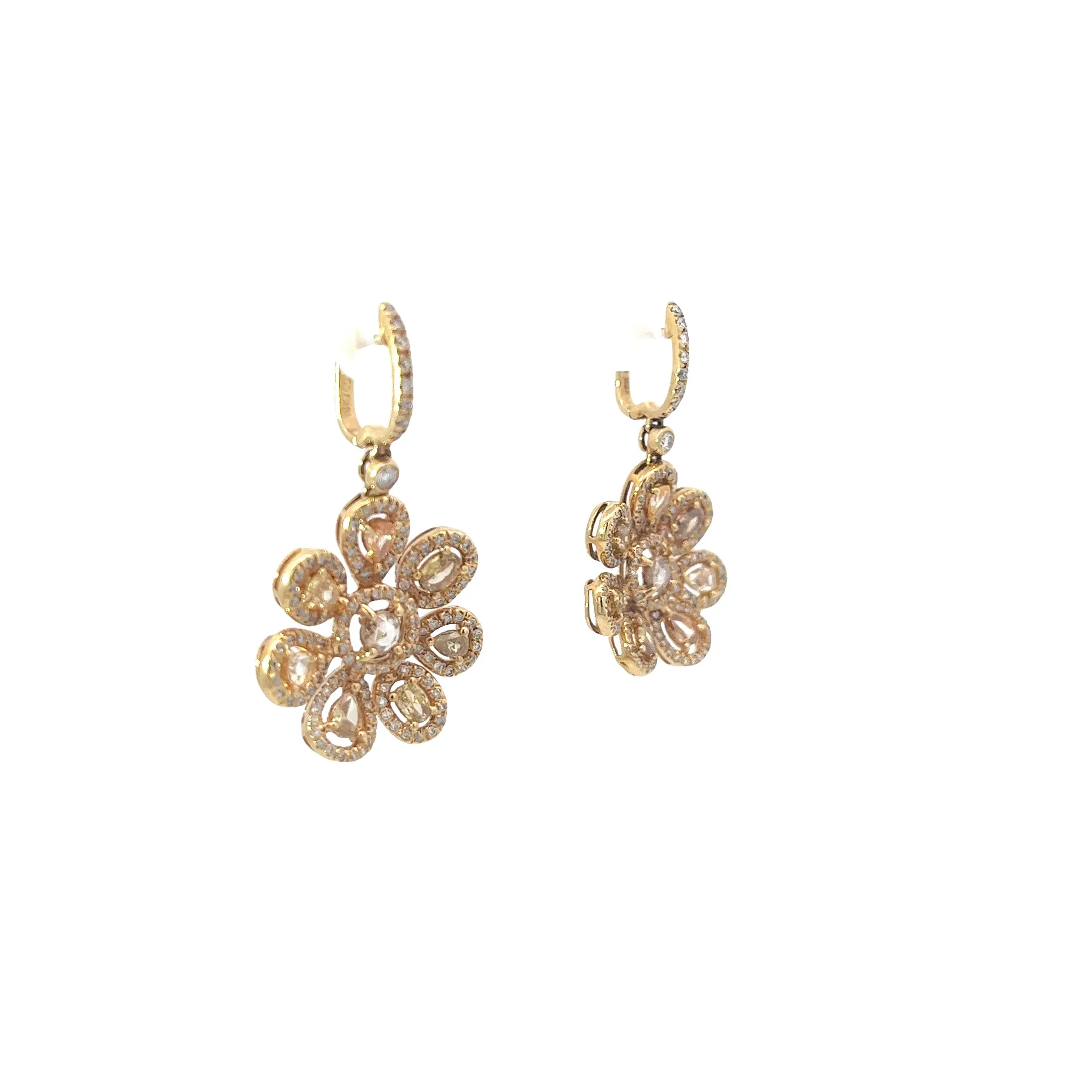 18K Yellow Gold 3.23ct Fancy Light Yellow Pear Shape Diamond and 1.00ct G SI1 Round  Earrings
