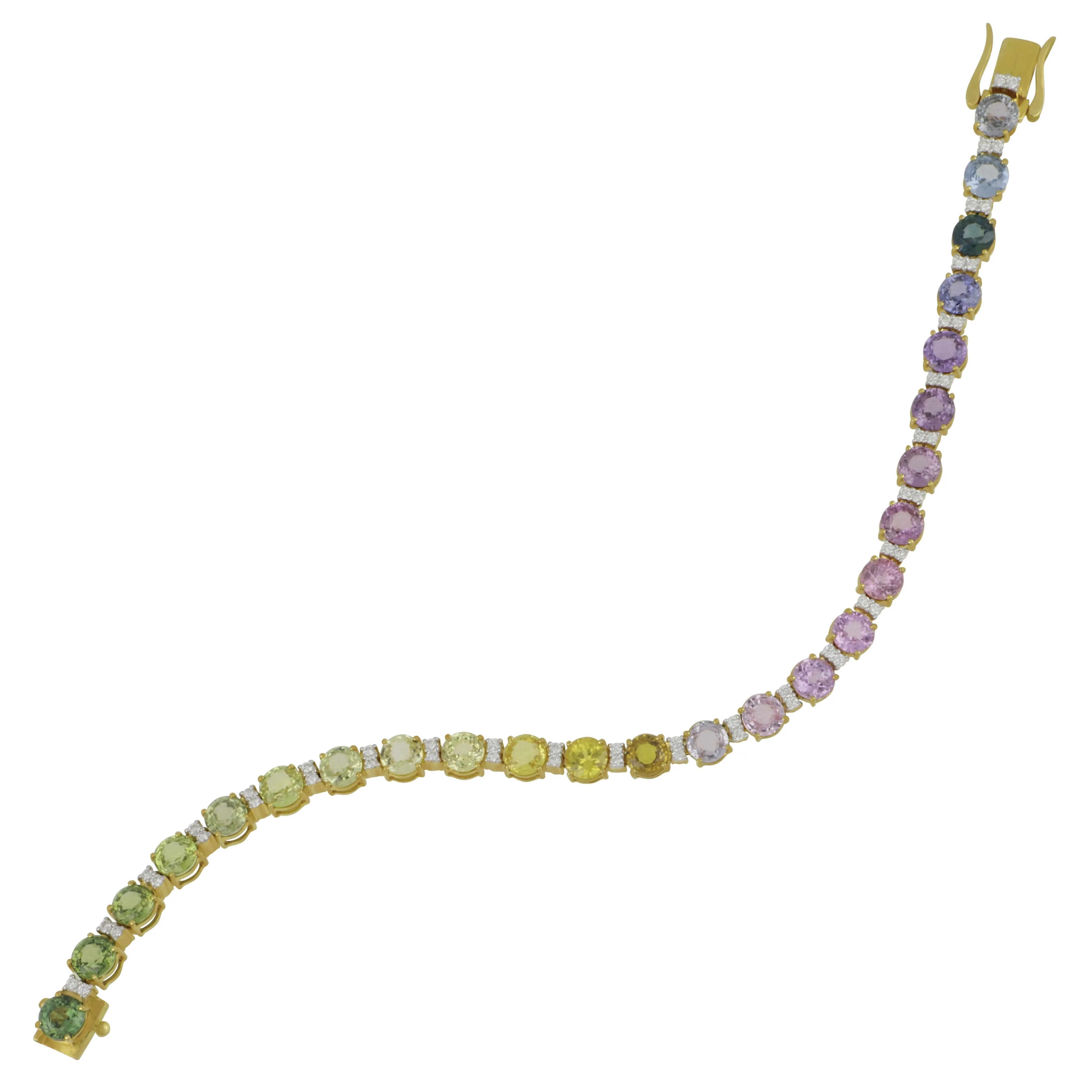 18k Yellow Gold Multi Color No-Heat Sapphire and Diamond Bracelet 7", AGL Certified SA=16.20tw D=0.60tw EF/VS