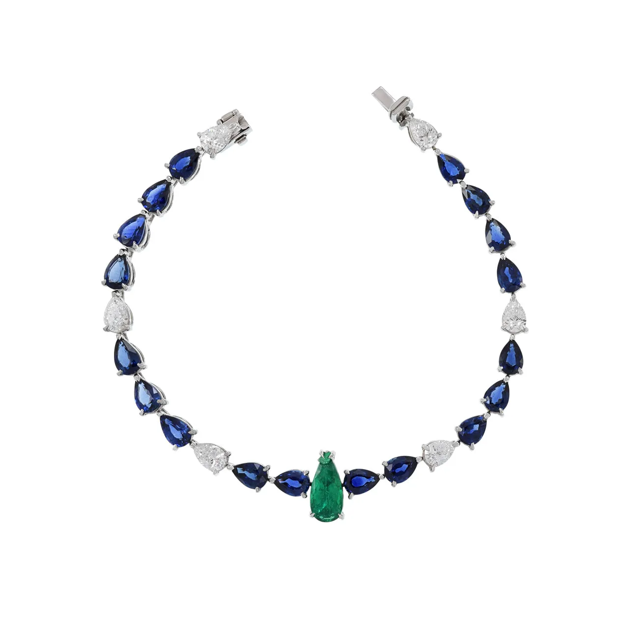 18KT White Gold Sapphire Diamond and Emerald Bracelet