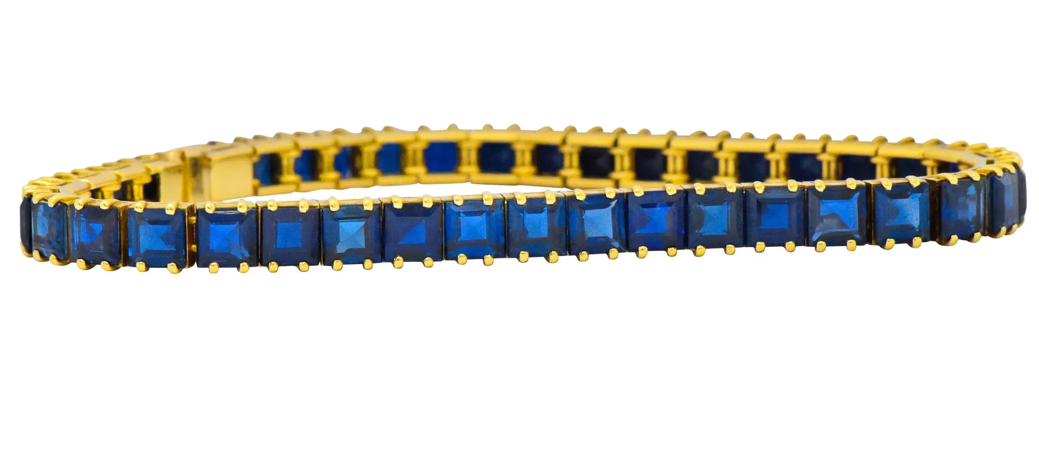 1950's Mid-Century 22.00 CTW No Heat Sapphire 18 Karat Gold Line Bracelet GIA