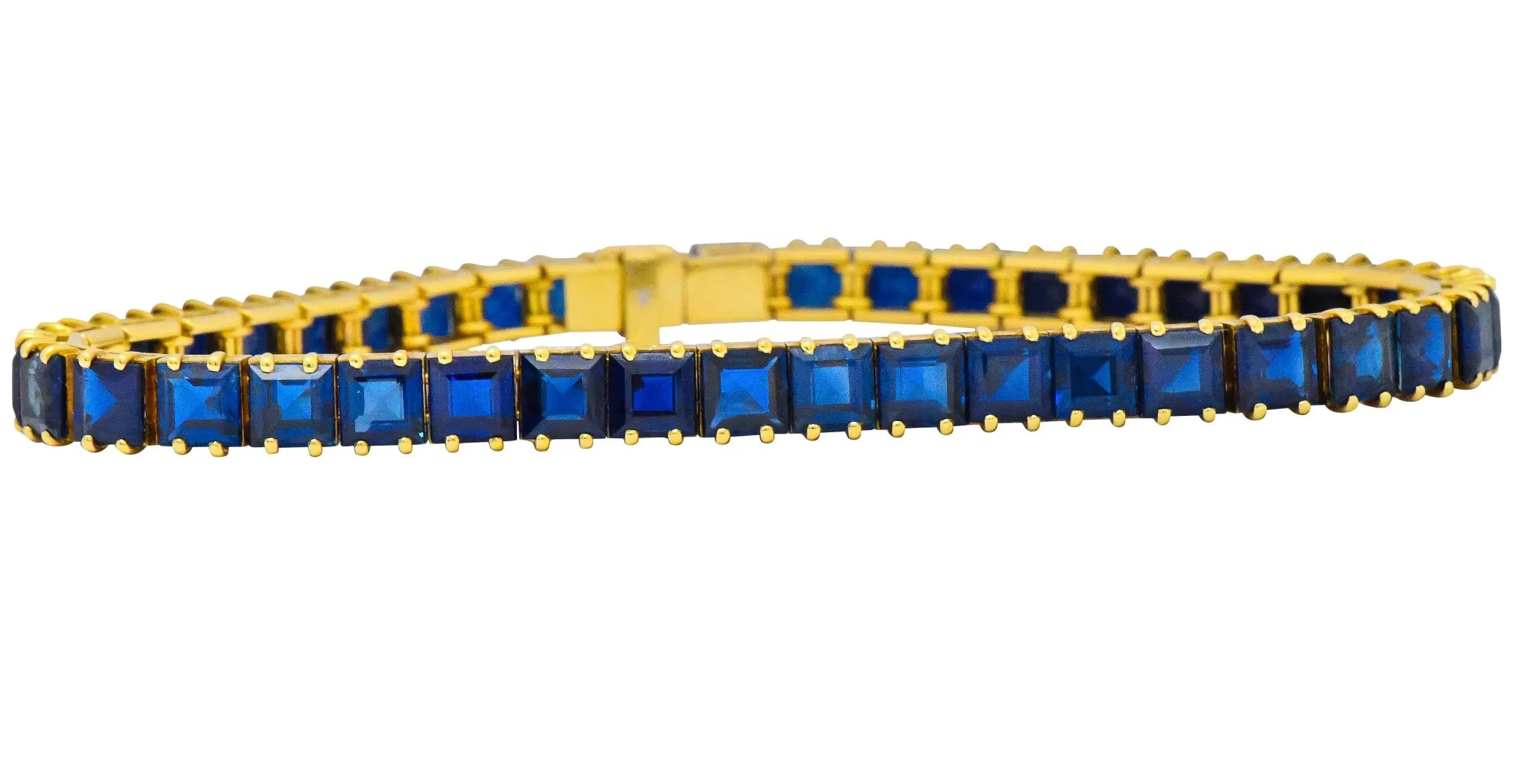 1950's Mid-Century 22.00 CTW No Heat Sapphire 18 Karat Gold Line Bracelet GIA