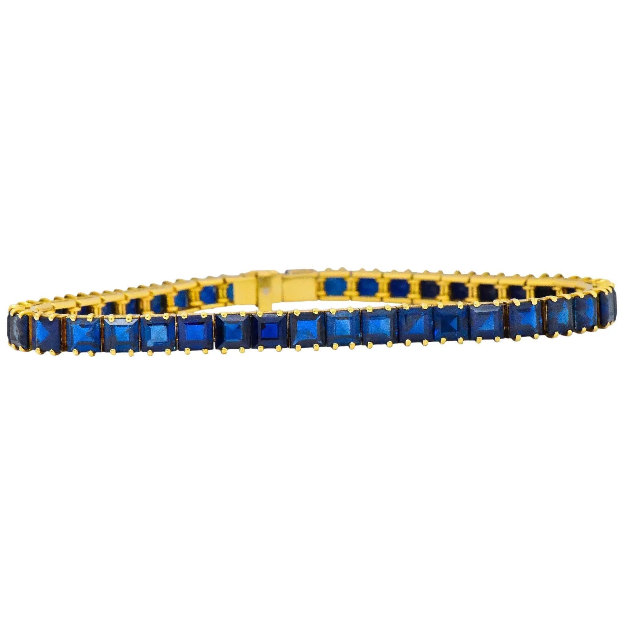 1950's Mid-Century 22.00 CTW No Heat Sapphire 18 Karat Gold Line Bracelet GIA