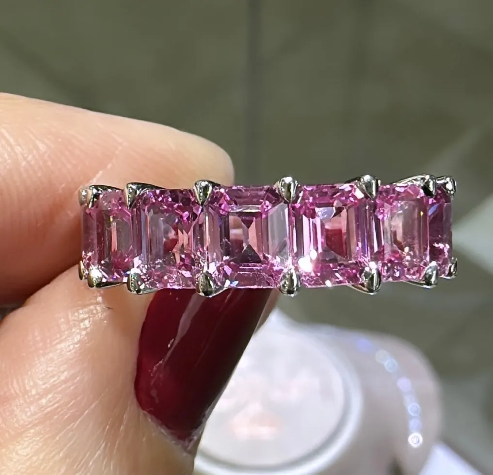 3.30ct tw Emerald-cut Pink sapphire Gemstone Birthstone Half Eternity Ring