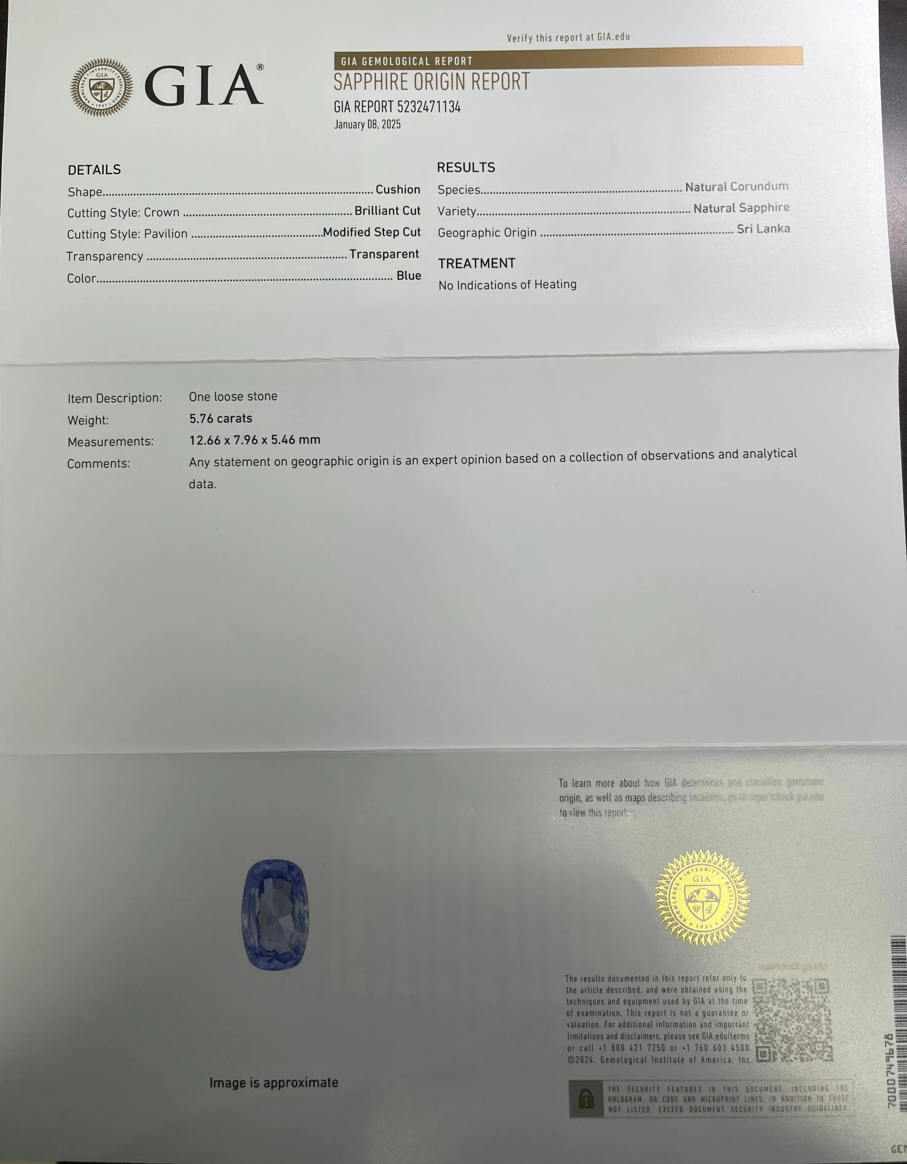 5.76CT Cushion Blue Sapphire Loose Stone Certified By GIA# 5232471134