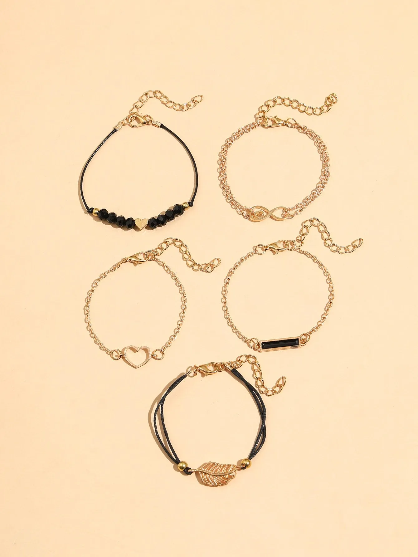 5pcs Heart & Leaf Decor Bracelet - Gold