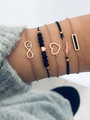 5pcs Heart & Leaf Decor Bracelet - Gold