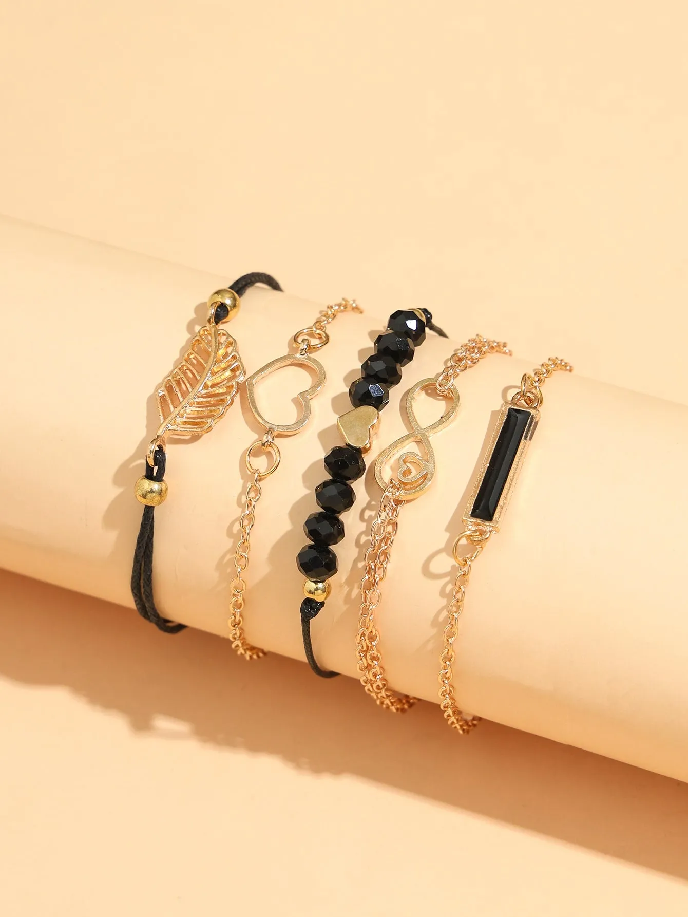5pcs Heart & Leaf Decor Bracelet - Gold