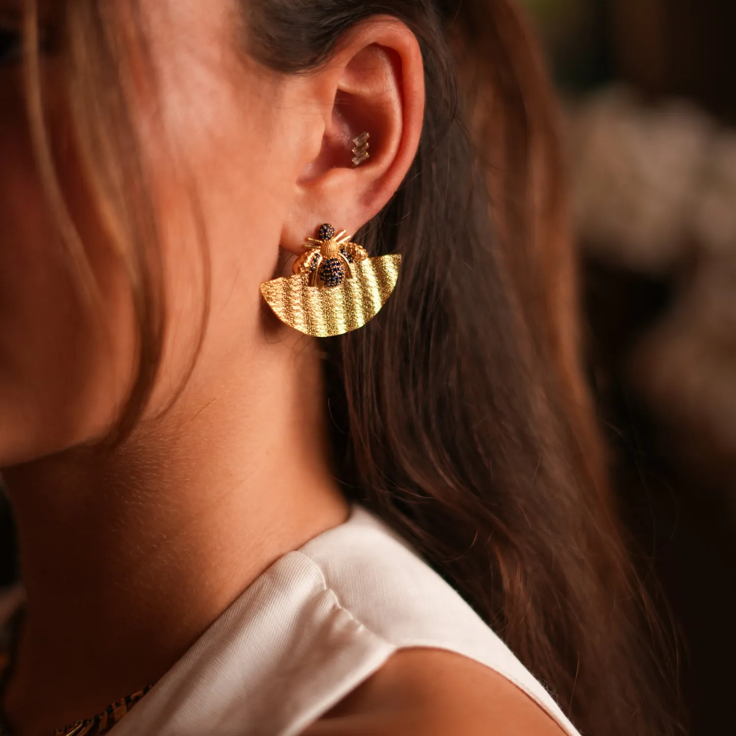 Abundance Honey Bee Sapphire & Gold Chunky Earrings