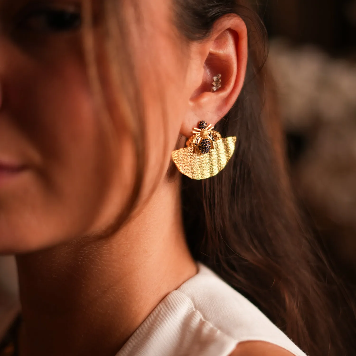 Abundance Honey Bee Sapphire & Gold Chunky Earrings