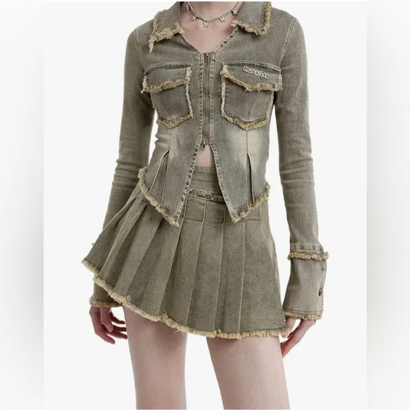 Aelfric Eden Denim Jacket Fringe Fashion Vintage Washed Long Sleeve Jean Coat