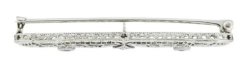 Antique Sapphire and Diamond Filigree Art Deco Bar Brooch in 14 Karat White Gold and Platinum